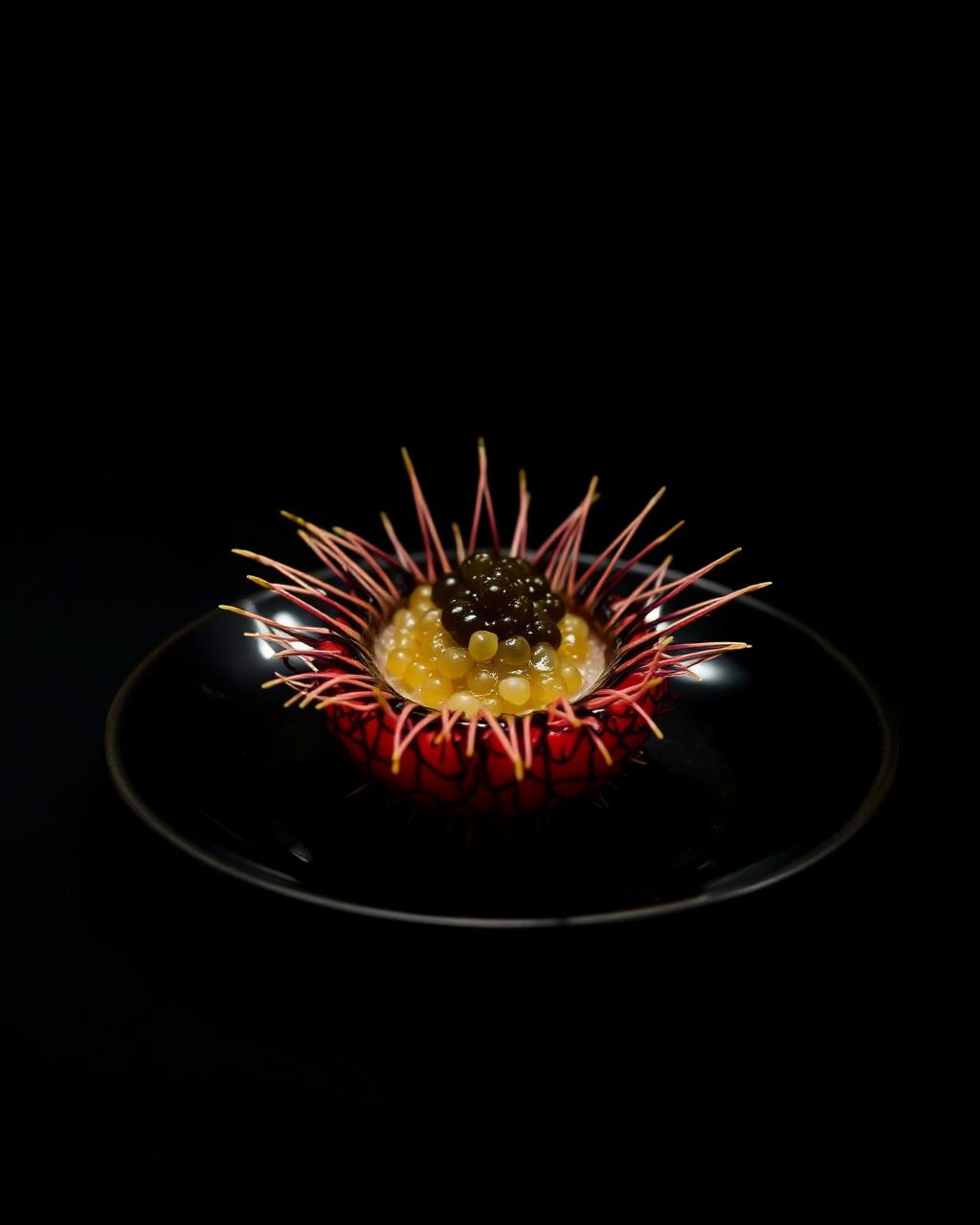 Erizo de mar uni con caviar Oscietra, plato de alta cocina japonesa del restaurante Mifune en Zaragoza