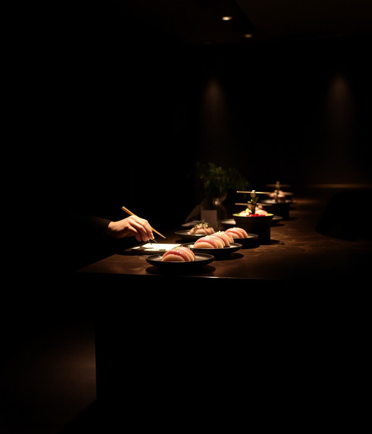 Itamae del restaurante Mifune emplatando sushi en la barra de omakase de ocho asientos en Zaragoza